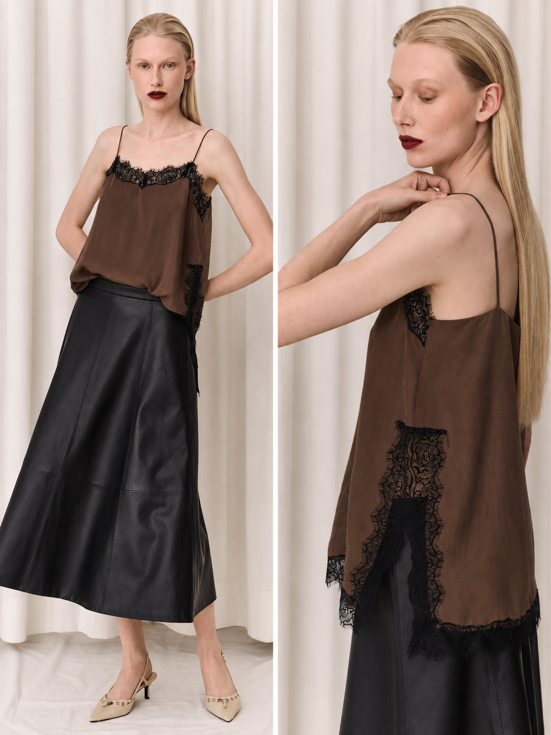 LUNA LACE CAMI TOP BROWN - Vesta Donna